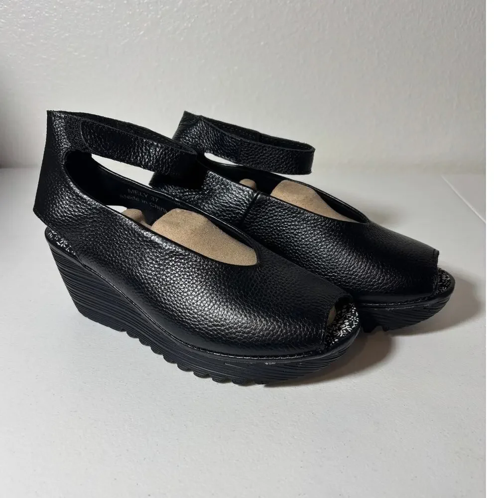Bernie Mev NWOT Size 6 (EU 37) Mely Black Slingback Ankle Strap Wedge Sandals